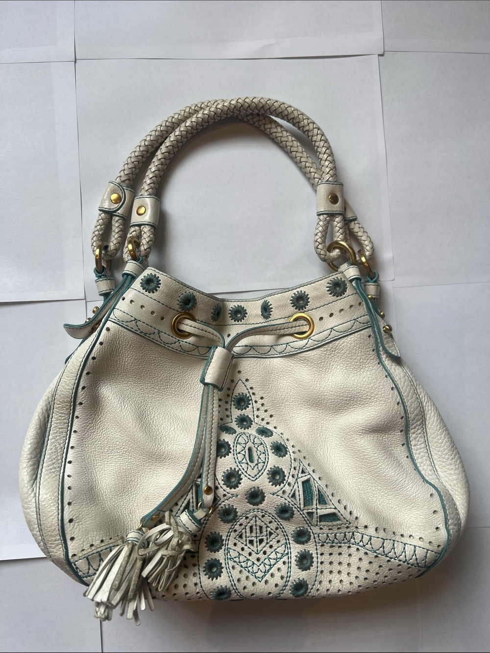 Cole Haan White Embroidered Drawstring Shoulder Bag